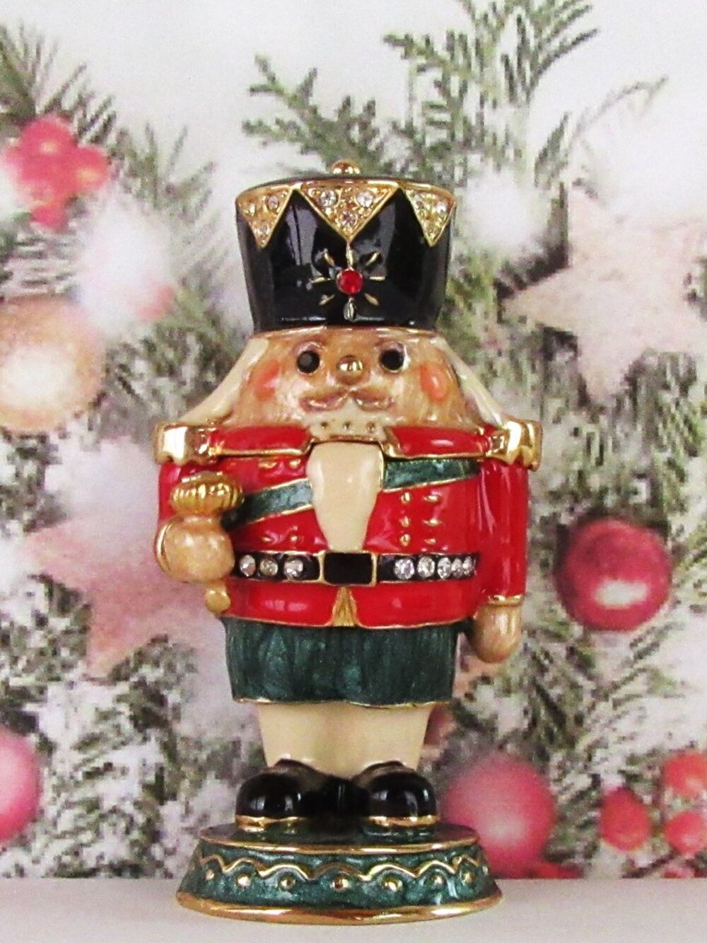 Ceramic Christmas Toy Soldier ring box -enamel and rhinestones - gift box